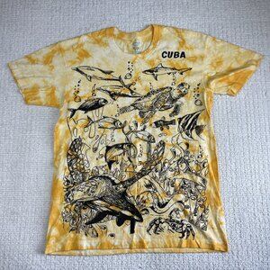 VTG Y2K Caribbean Tropic M Sea Wild life All over print Orange Tie Dye T-Shirt